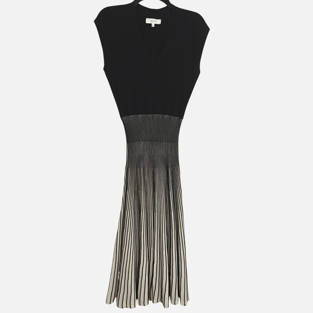 Reiss Cedrica Plisse Midi Dress Size 2 Black & White Stretch Chic Career Dinner - Picture 2 of 10